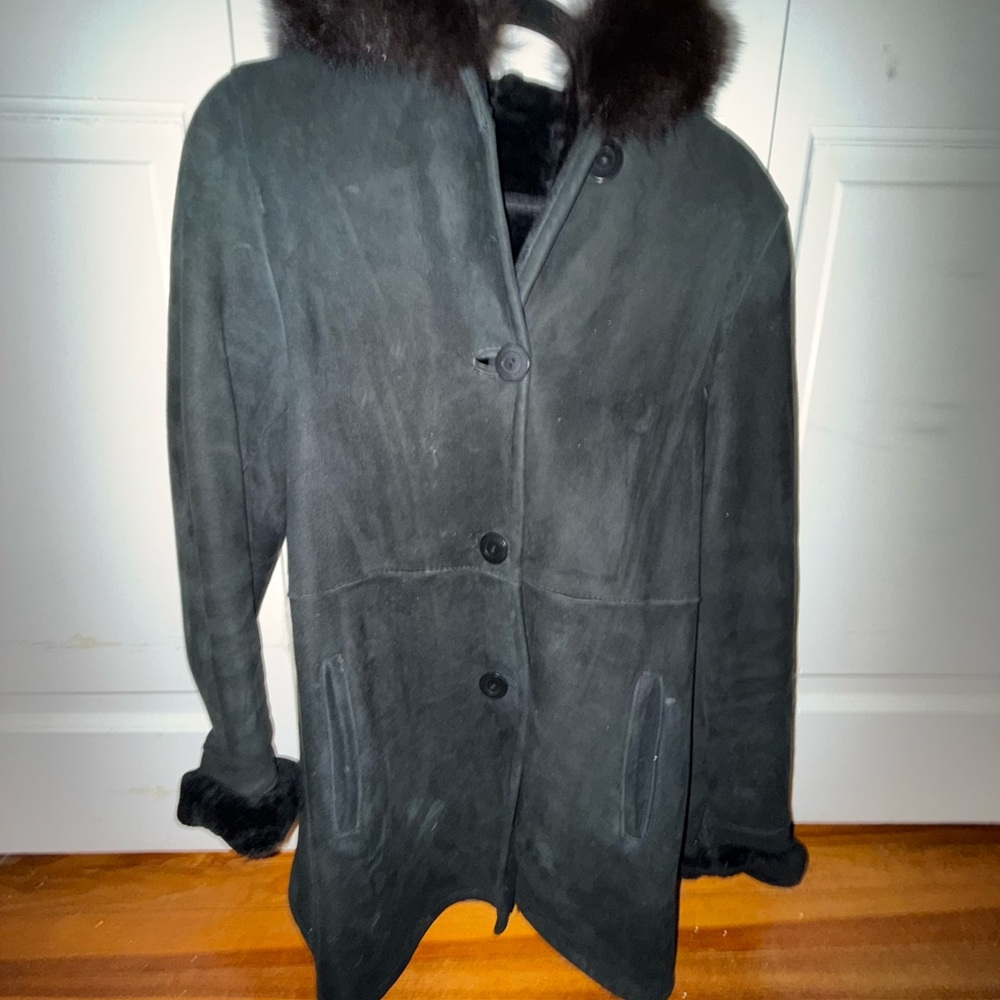 Black Suede Coat with Fur Collar